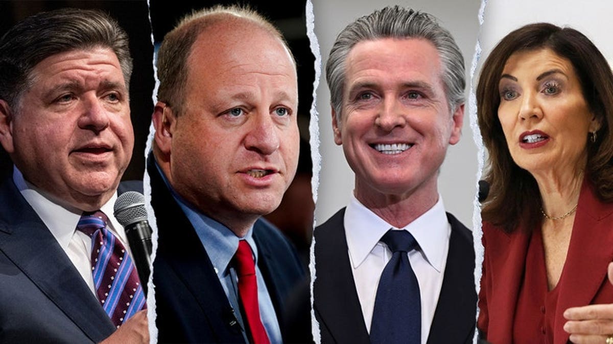 Blue state Democrat Govs. JB Pritzker, Jared Polis, Gavin Newsom and Kathy Hochul in four photos