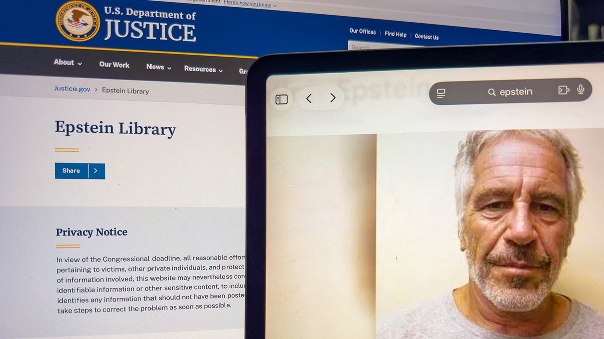 Tablet screen showing a portrait of Jeffrey Epstein beside the U.S. Department of Justice Epstein Library webpage.
