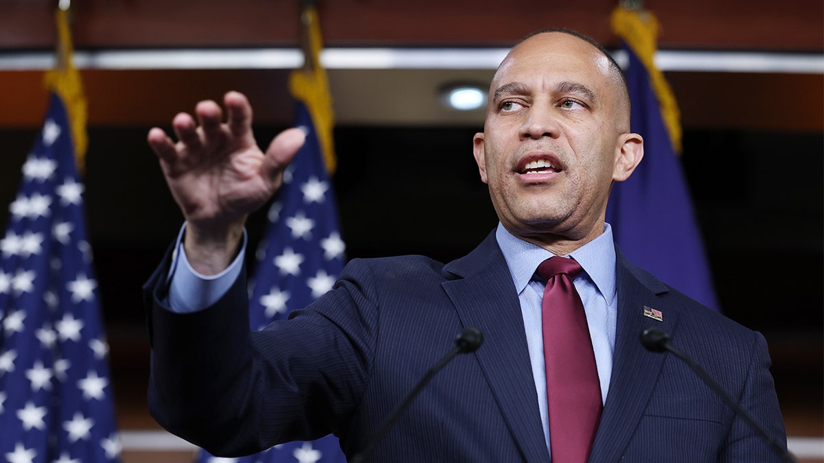 House Minority Leader Hakeem Jeffries speaking to reporters inside the U.S. Capitol