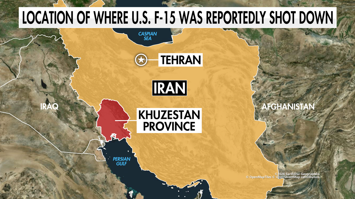 Map showing location in Khuzestan province Iran where U.S. F-15 jet was reportedly shot down