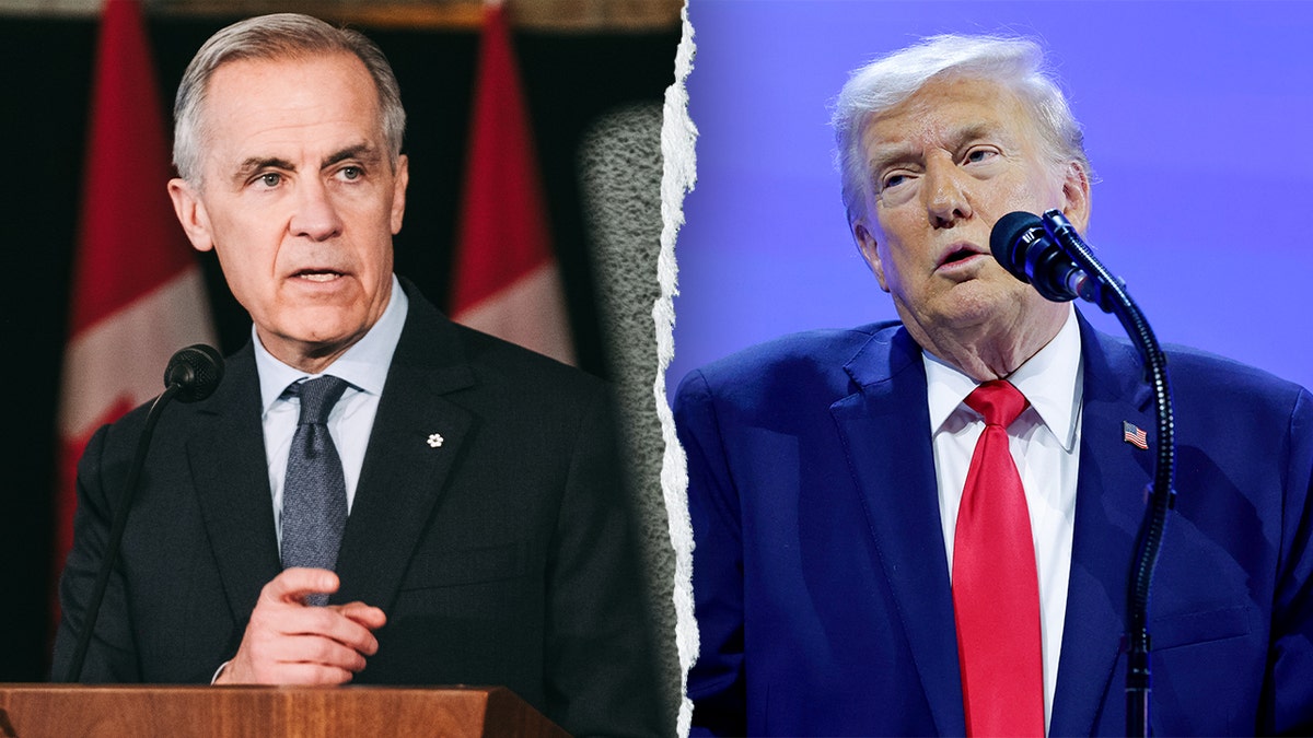 Canadian Prime Minister Mark Carney and U.S. President Donald Trump shown in a split image.
