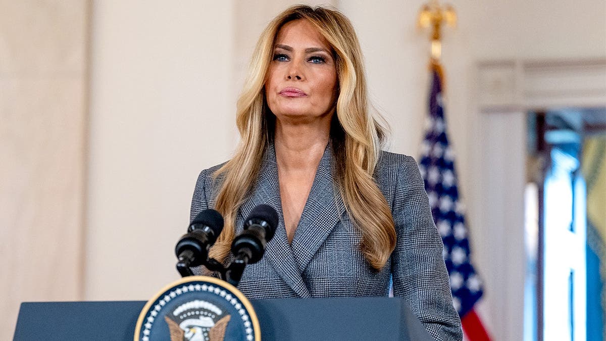 Melania Trump speaks in White House Grand Foyer during public remarks.