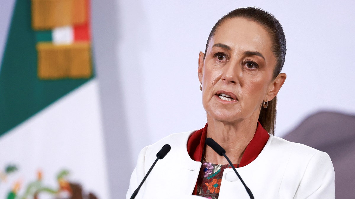 Mexican President Claudia Sheinbaum speaking at a lectern inside the National Palace in Mexico City