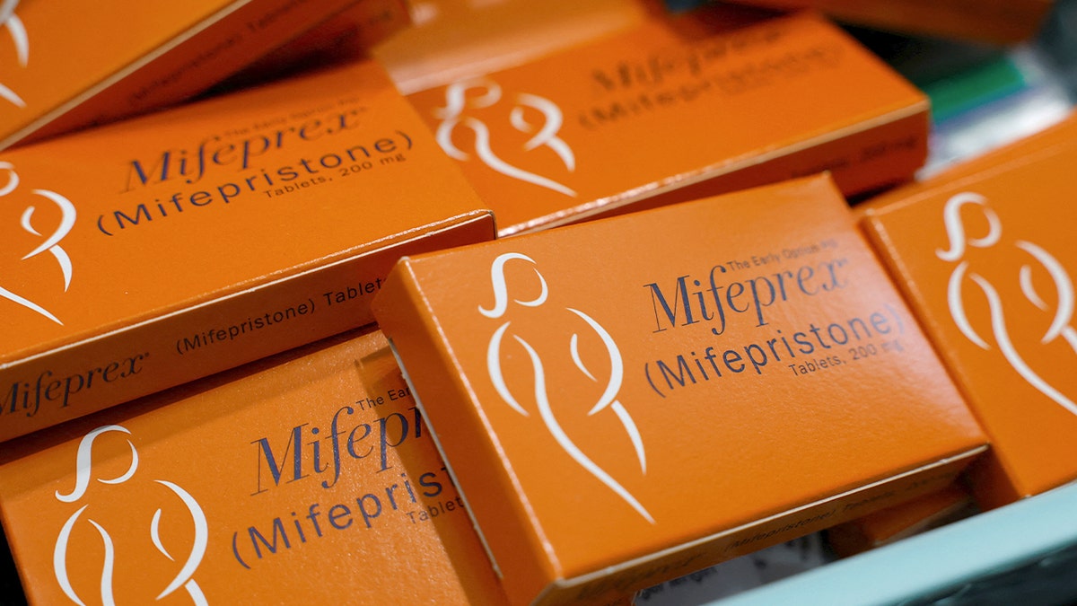 Boxes of Mifepristone medication in a container at Alamo Women's Clinic in Carbondale, Ill.