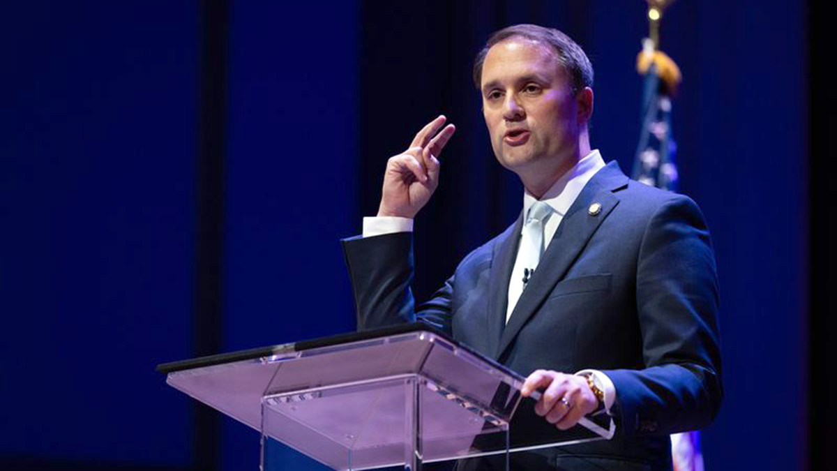 Jason Miyares speaking at a debate at the University of Richmond