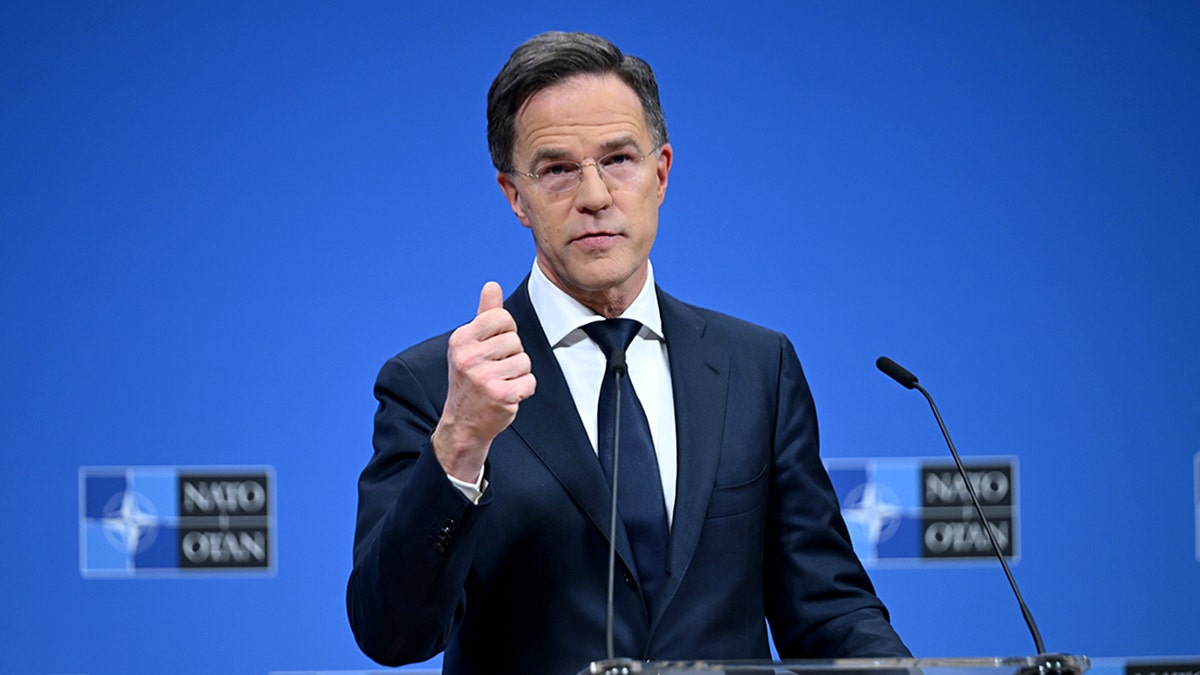 NATO Secretary General Mark Rutte speaking at a press conference in Brussels