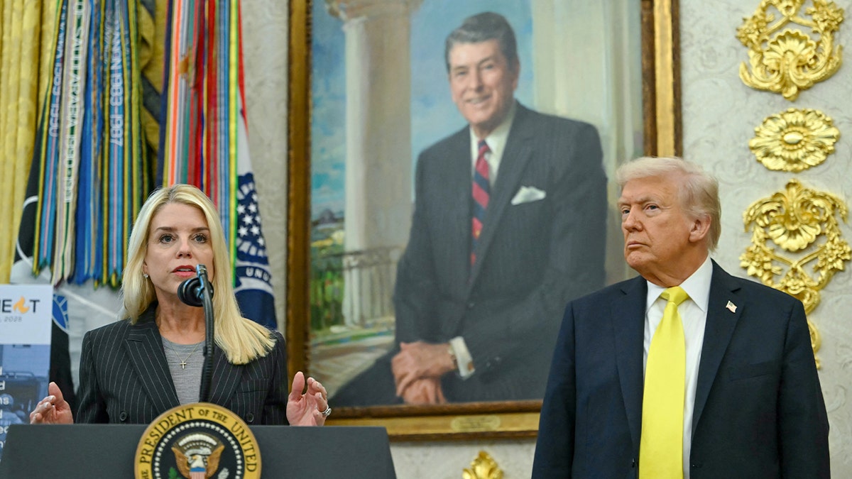 US Attorney General Pam Bondi speaking while President Donald Trump listens in the Oval Office
