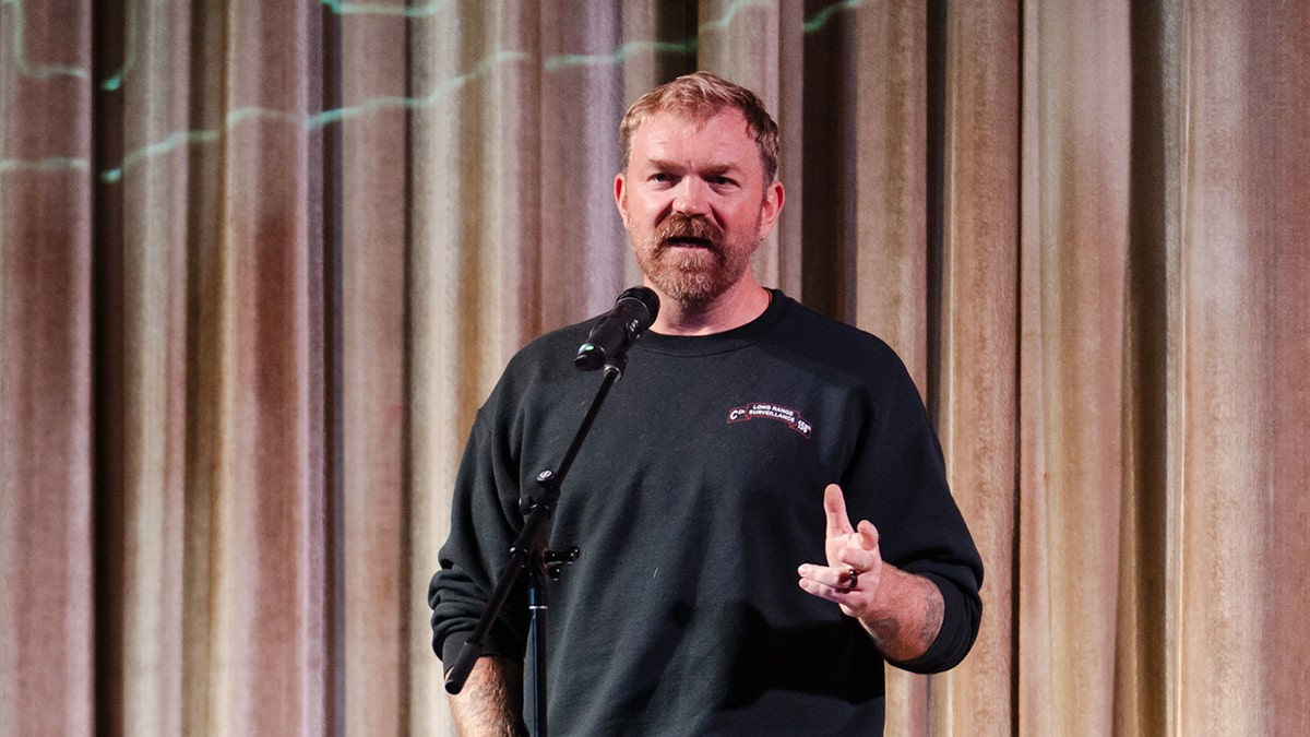 Graham Platner speaking at a town hall in Ogunquit, Maine