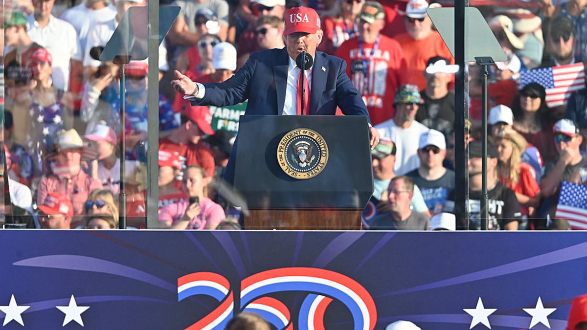 US President Donald Trump speaking at Iowa State Fairgrounds