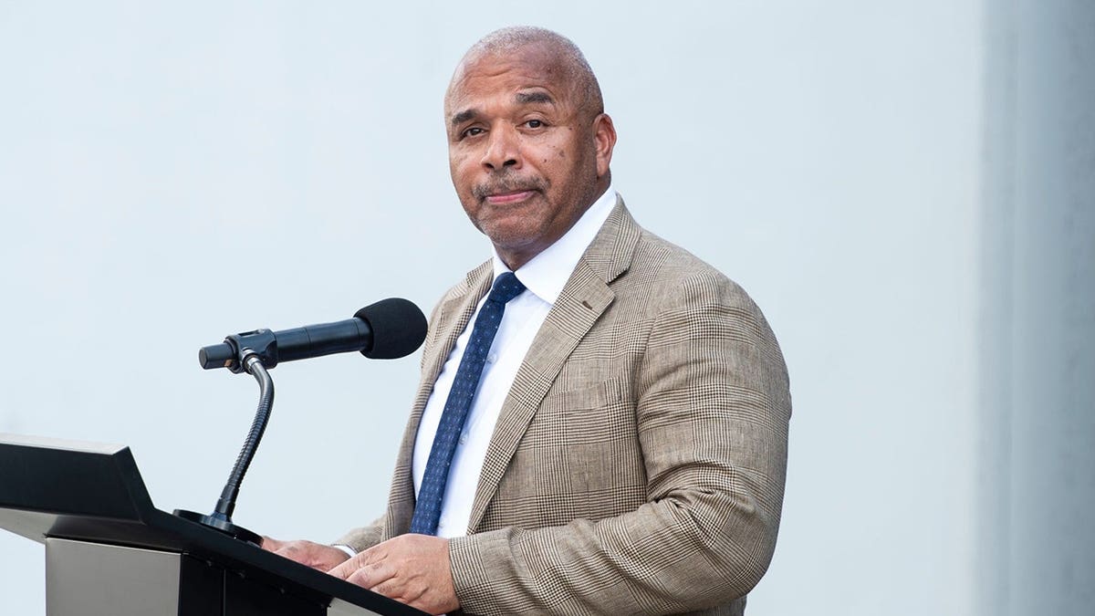 Bryan Fair speaks at a podium during a ceremony at the Southern Poverty Law Center in Montgomery, Alabama.