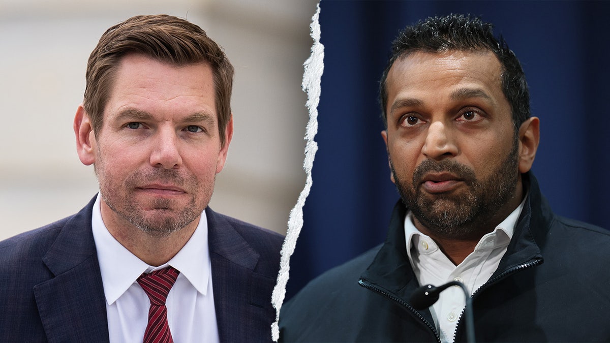 Rep. Eric Swalwell and Kash Patel in separate portraits
