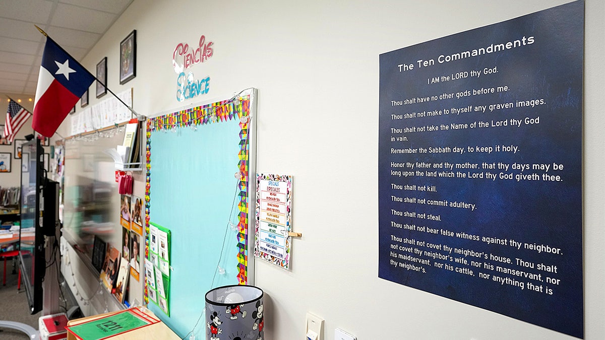 A copy of the Ten Commandments displayed on a classroom wall at Bagdad Elementary School in Leander, Texas.