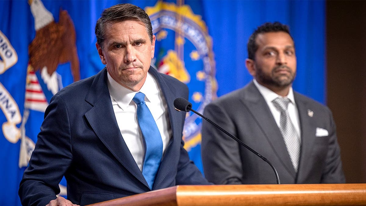 Todd Blanche speaks at Justice Department press conference with FBI Director Kash Patel.