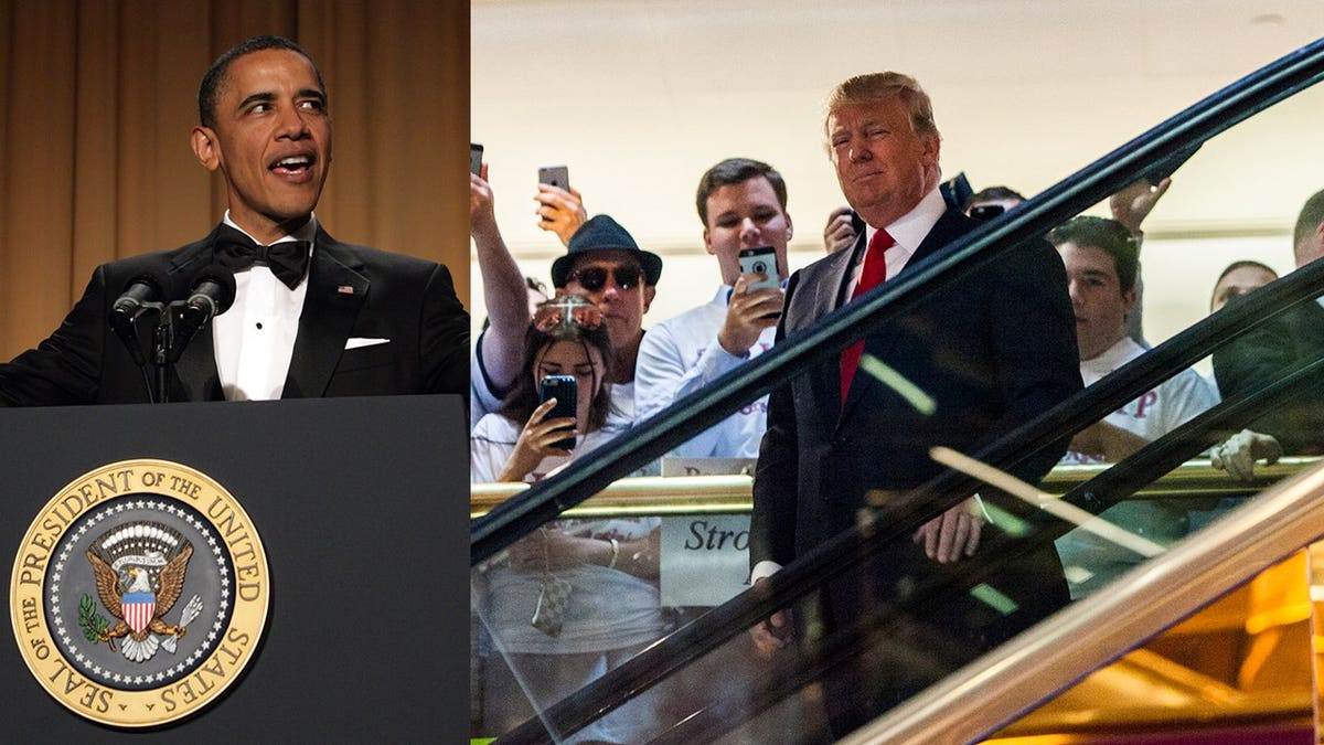 obama speaking at correspondent dinner, trump coming down escalator