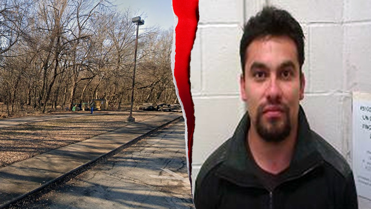 A split image of Mohawk Park in Tulsa, OK and a mugshot of Willie Ricardo Merida-Escobar