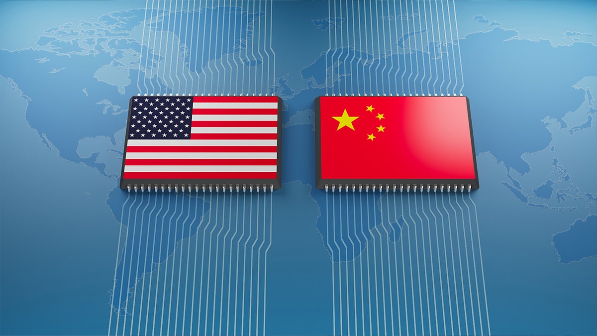 Processor chip with USA and China flags on a motherboard against a world map background