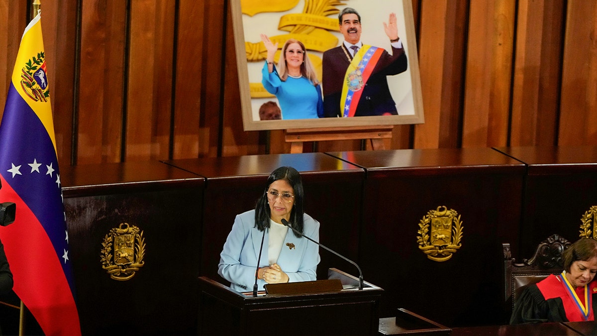 Delcy Rodriguez speaking at the Supreme Tribunal of Justice in Caracas, Venezuela
