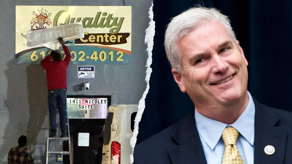Tom Emmer across from the Quality Learning Center sign