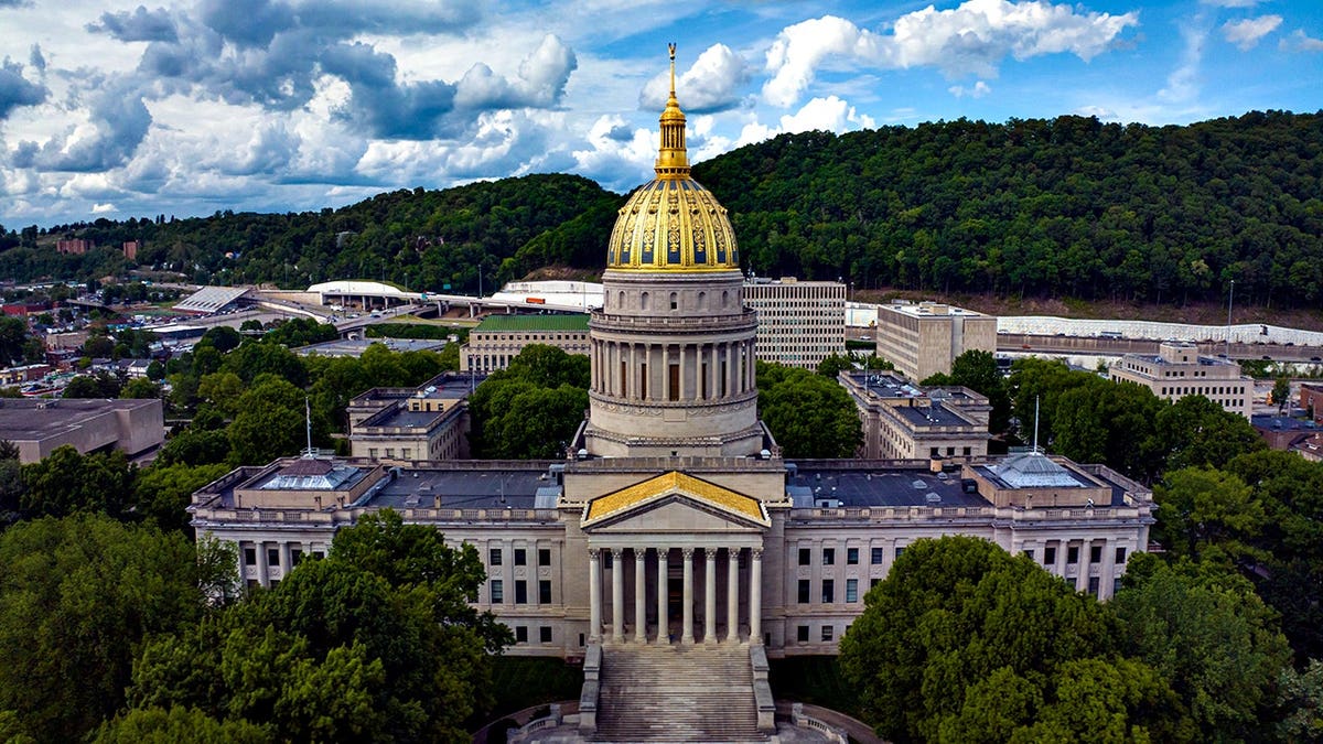 West Virginia State Capitol building beside Kanawha River