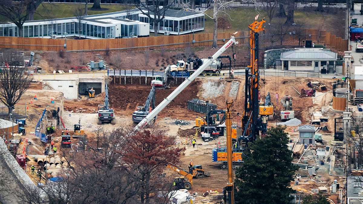 Demolition work ongoing at the White House East Wing site viewed from Washington Monument observation level