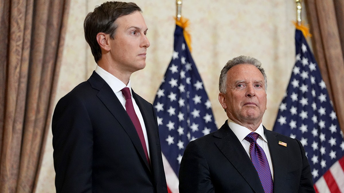 Vice President JD Vance speaking at a news conference with Jared Kushner and Steve Witkoff in Islamabad