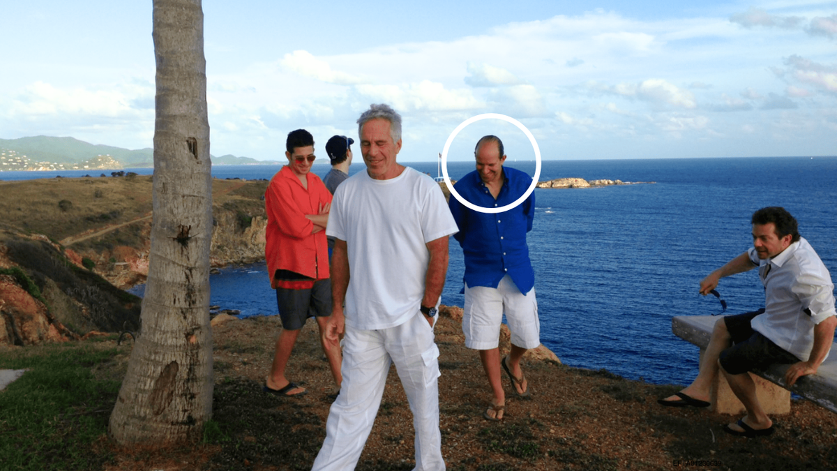 A photo released by the Department of Justice shows Jeffrey Epstein, center, and Howard Lutnick, center right, in blue shirt and white shorts.