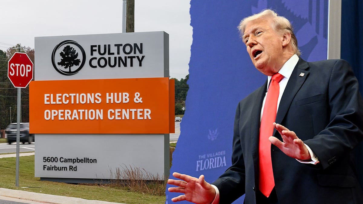 Split screen of Fulton County Elections Hub and President Donald Trump