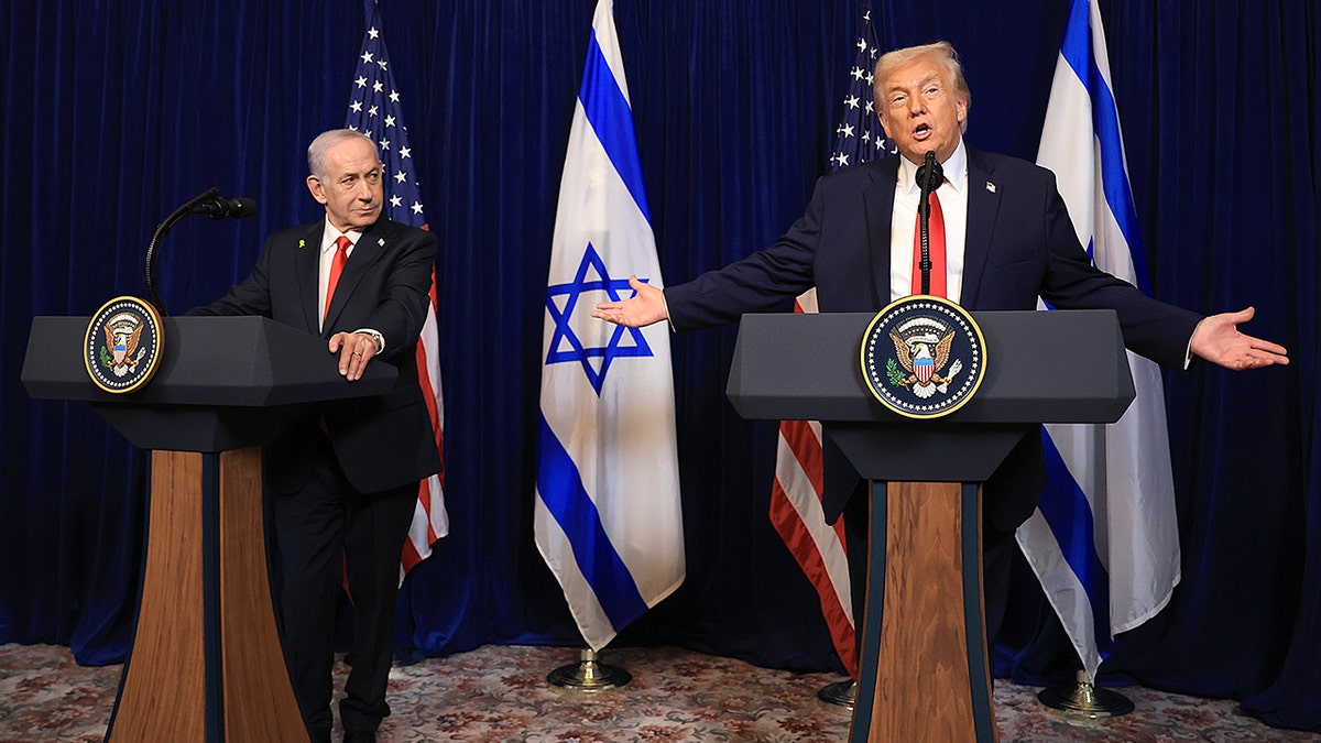 U.S. President Donald Trump holding a press conference with Israeli Prime Minister Benjamin Netanyahu at Mar-a-Lago