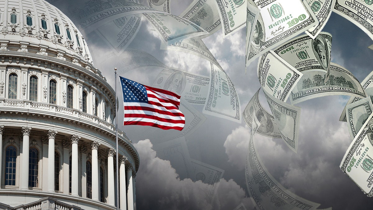 Graphic of the capitol on left and money falling in sky on right