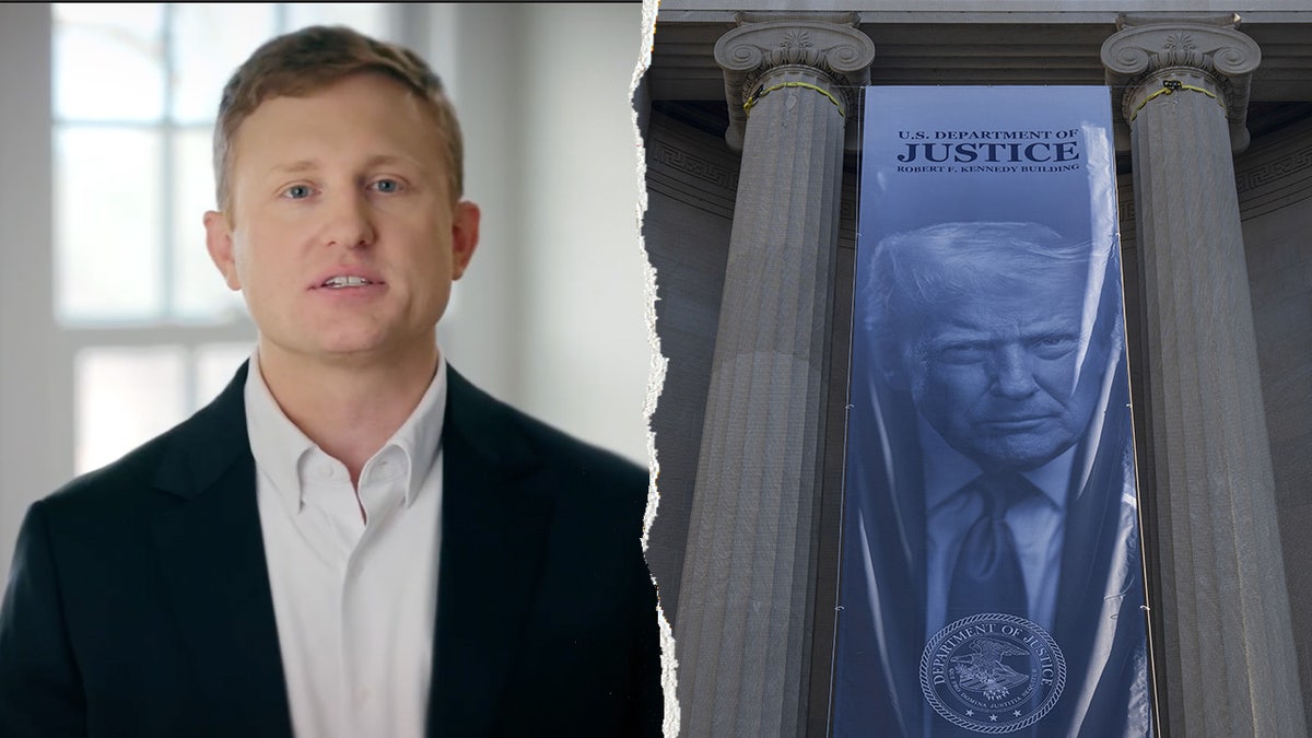 Zach Dembo, left, pictured alongside an image of President Donald Trump hung in front of the Justice Department building in Washington, D.C.