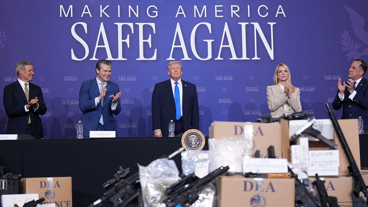 President Donald Trump seated with Gov. Bill Lee, Defense Secretary Pete Hegseth, Attorney General Pam Bondi, and Gady Serralta at a roundtable discussion