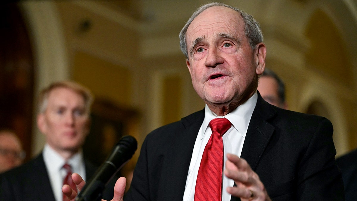 Sen. James Risch speaking to reporters at the US Capitol in Washington, D.C.