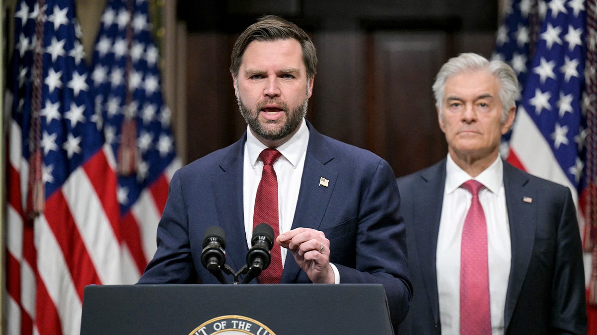 Vice President JD Vance and Medicare and Medicaid Administrator Mehmet Oz speaking at the Eisenhower Executive Office Building