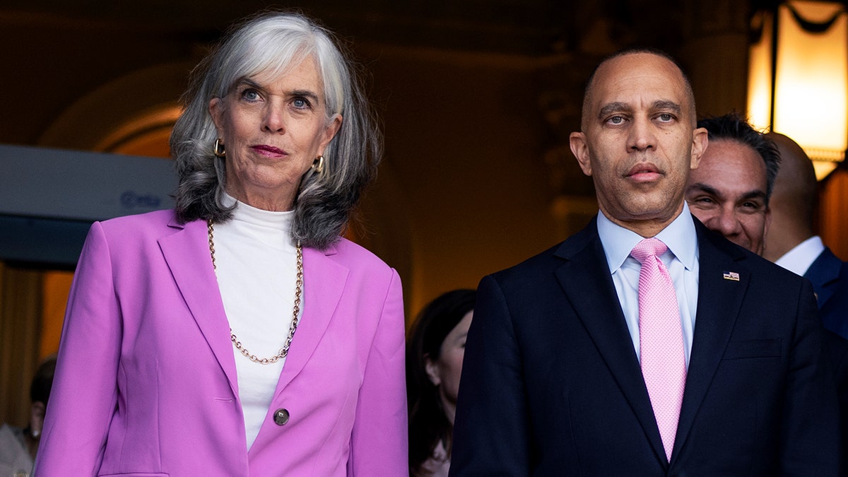 House Minority Leader Hakeem Jeffries and House Minority Whip Katherine Clark standing on U.S. Capitol steps