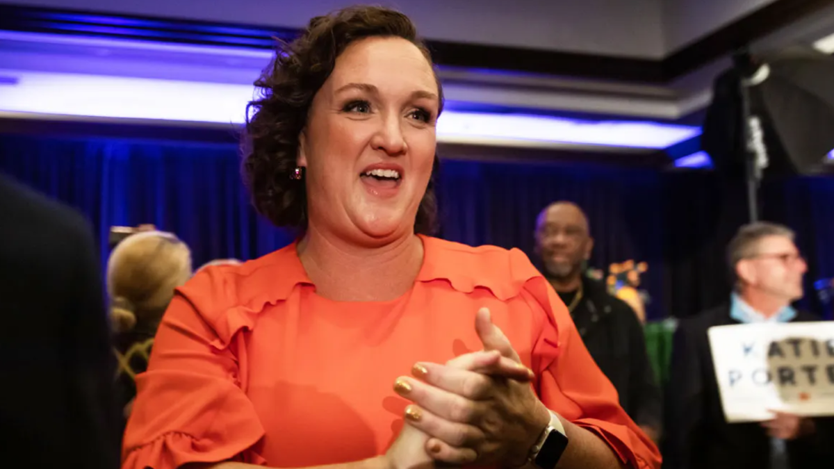 Rep. Katie Porter speaking to supporters at an election night watch party