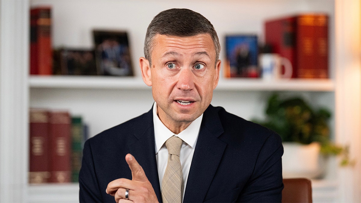Ken Martin speaking during an interview at DNC headquarters in Washington