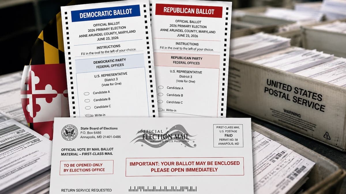 sample maryland primary mail-in ballots with boxes of USPS mailings