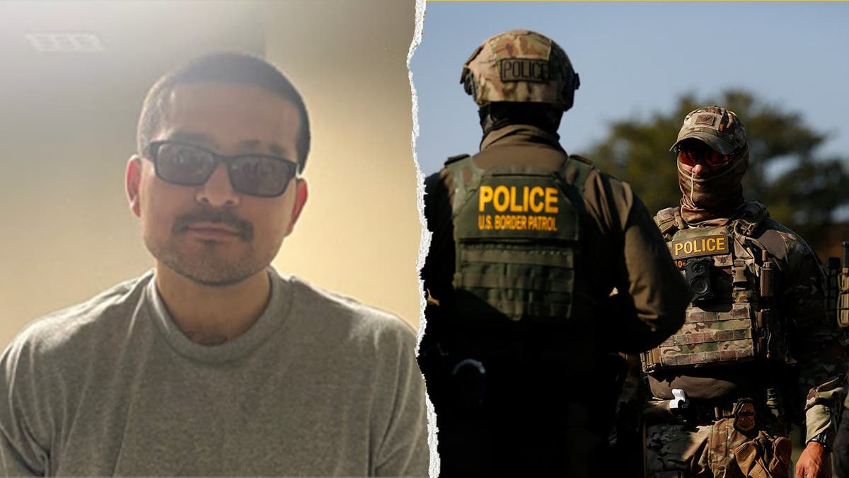 A detained member of the Sureños-13 gang, left, pictured alongside Customs and Border Protection agents, right