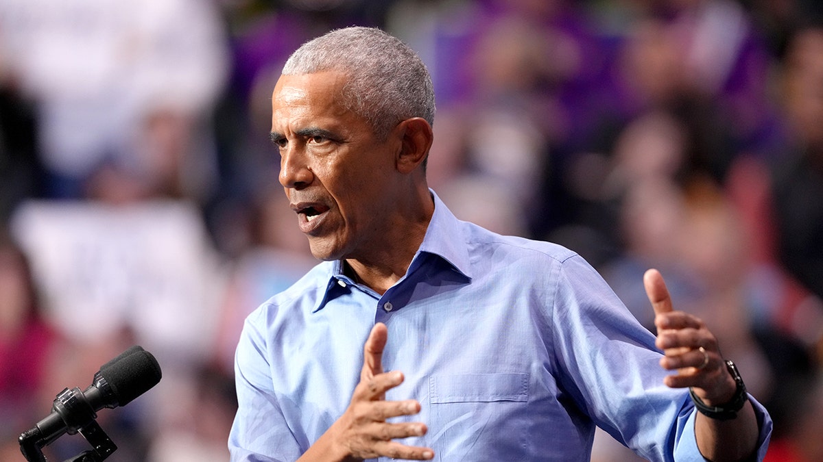 Former President Barack Obama speaking at a campaign event in Newark, New Jersey