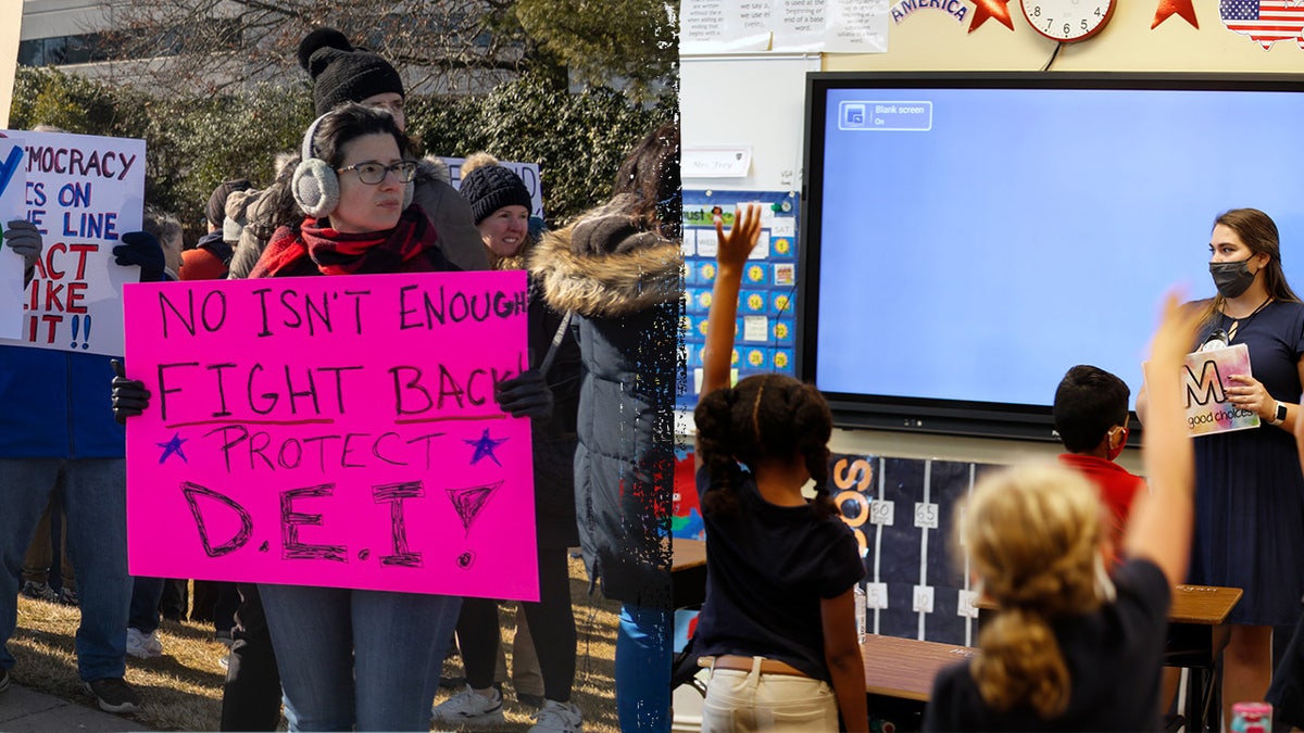Pro-DEI protester holding sign outside classroom