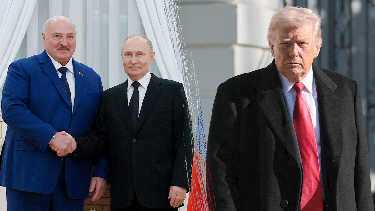 Composite image showing Alexander Lukashenko shaking hands with Vladimir Putin on the left, and Donald Trump standing outdoors in a dark coat and red tie on the right.