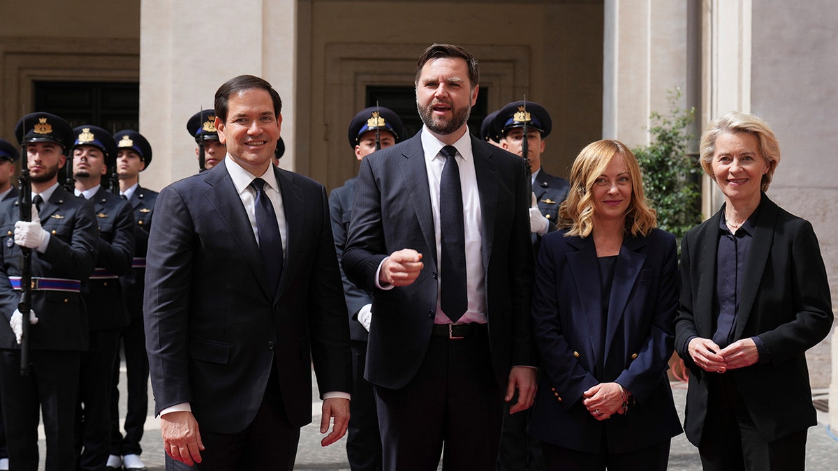 Secretary of State Marco Rubio, Vice President JD Vance, Italy's Prime Minister Giorgia Meloni and European Commission President Ursula von der Leyen posing for a group photo