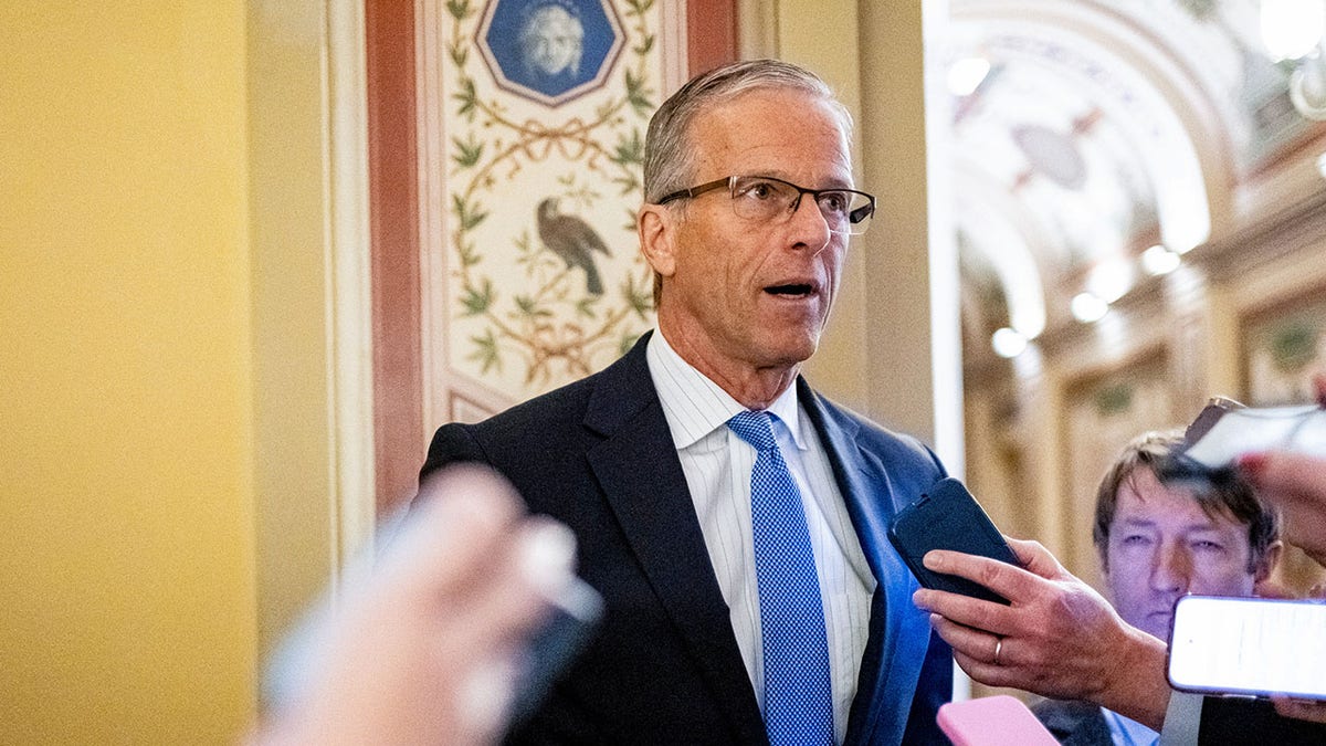 Senate Majority Leader John Thune speaking to media at the US Capitol in Washington DC