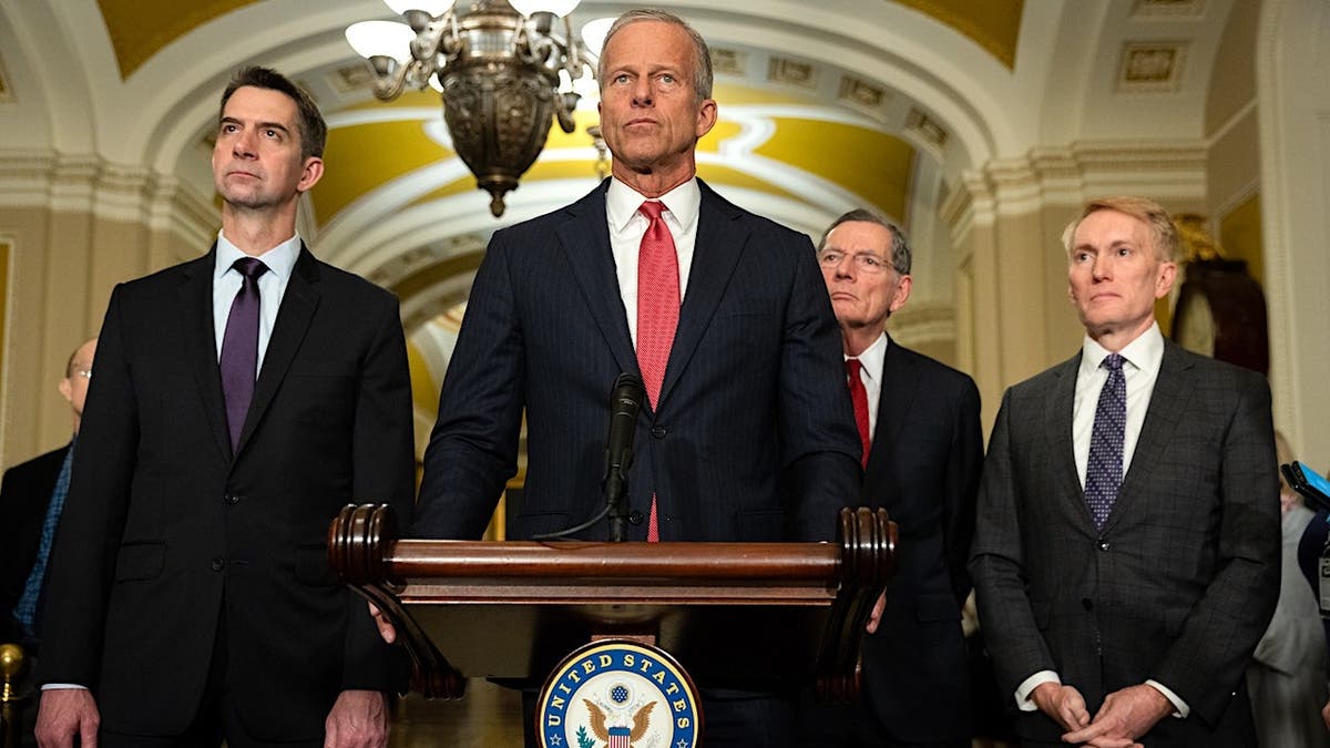 Senate Majority Leader John Thune speaking at a press conference in Washington, D.C.