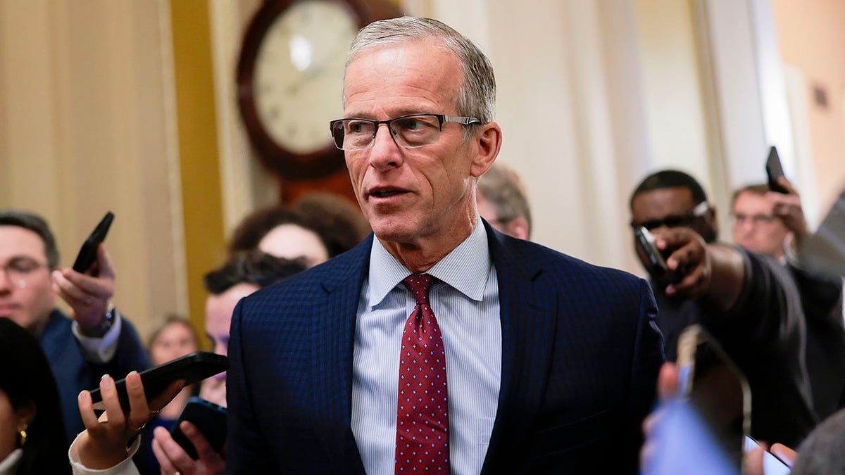 Senate Majority Leader John Thune speaking to reporters outside the Senate Chamber in Washington, D.C.