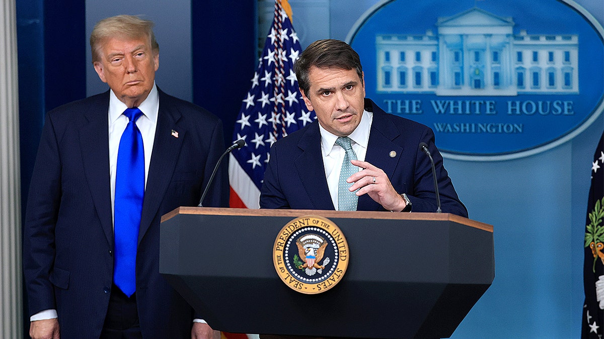 U.S. Deputy Attorney General Todd Blanche speaking at White House briefing room with President Donald Trump
