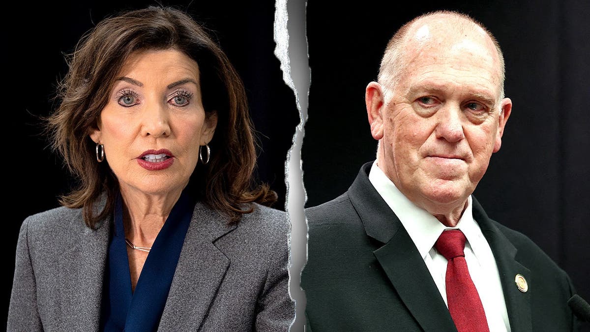 Split image shows Tom Homan and Gov. Kathy Hochul separated by crack graphic.