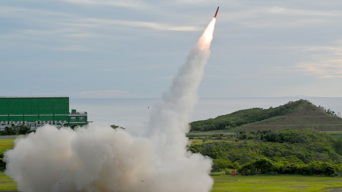 A Patriot missile launching from a coastal base in Taiwan during a live-fire exercise