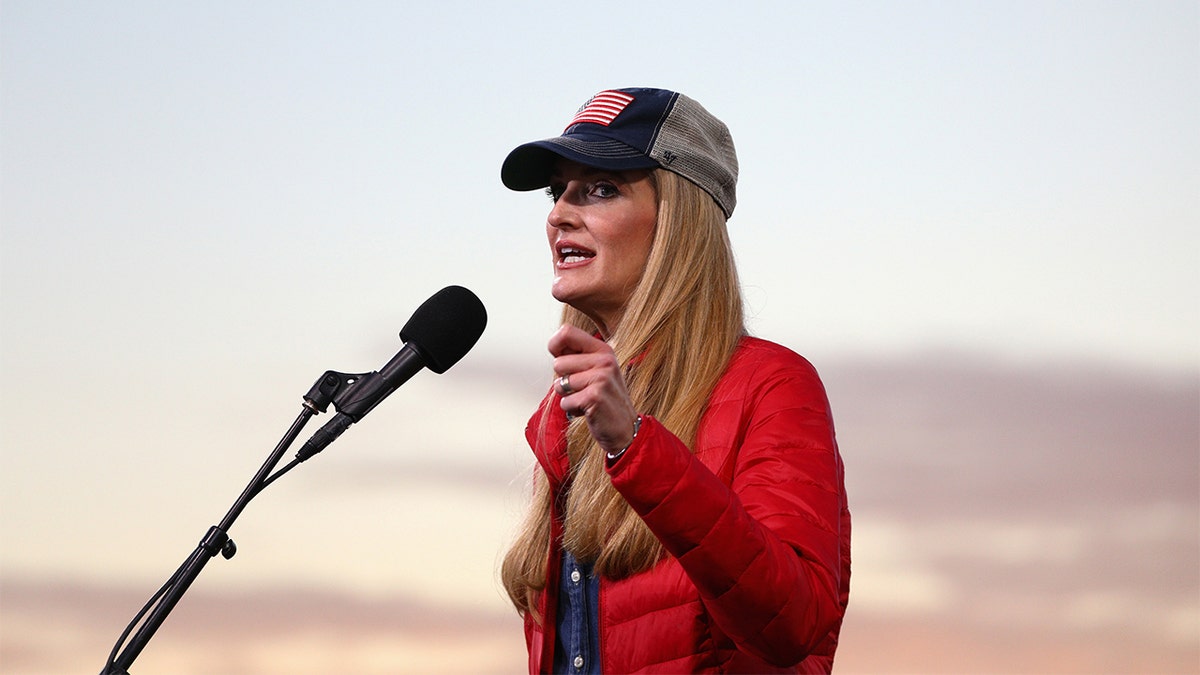 Then-Republican Sen. Kelly Loeffler speaking at a campaign event at Valdosta Regional Airport in Valdosta, Georgia.