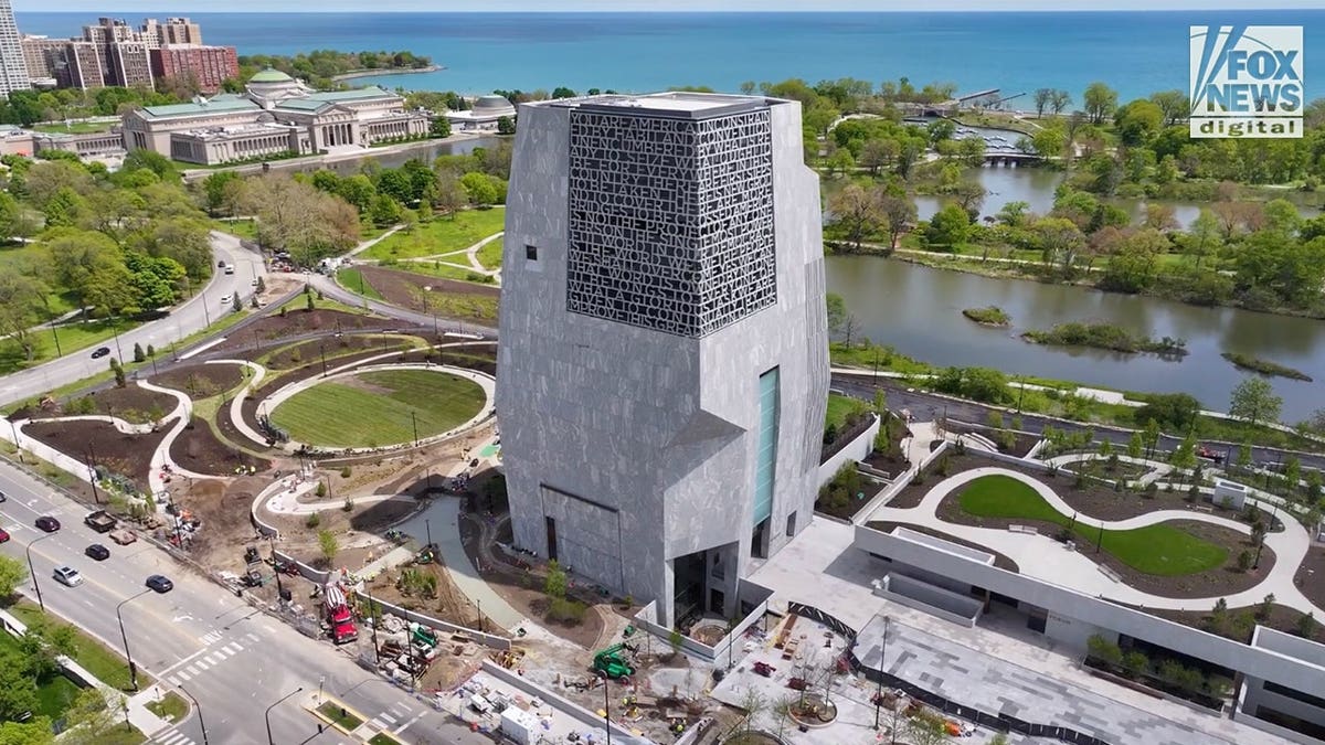 An aerial view shows the Obama Presidential Center in Jackson Park on Chicago's South Side. The center includes a museum tower, public gathering spaces, athletic facilities and offices for the Obama Foundation.